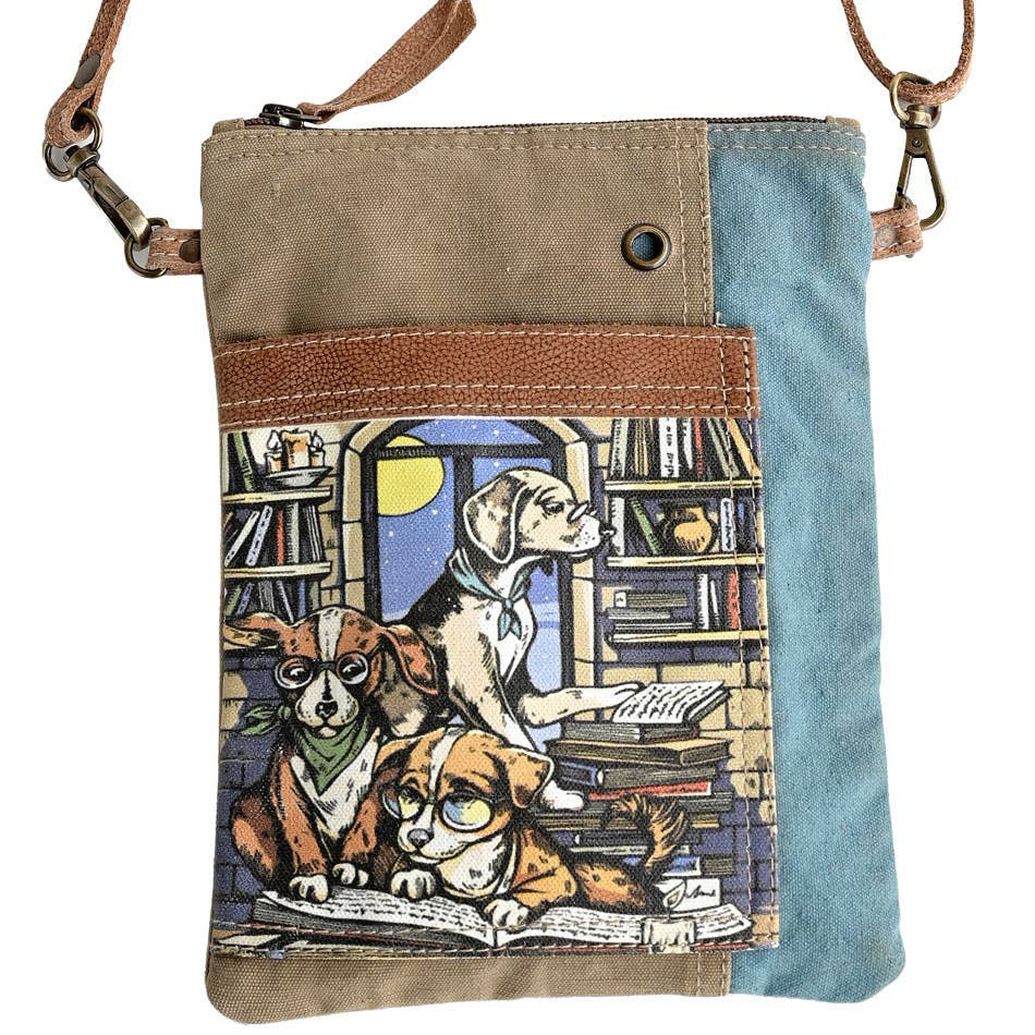 Clea Ray Canvas Dogs & Books Crossbody Bag