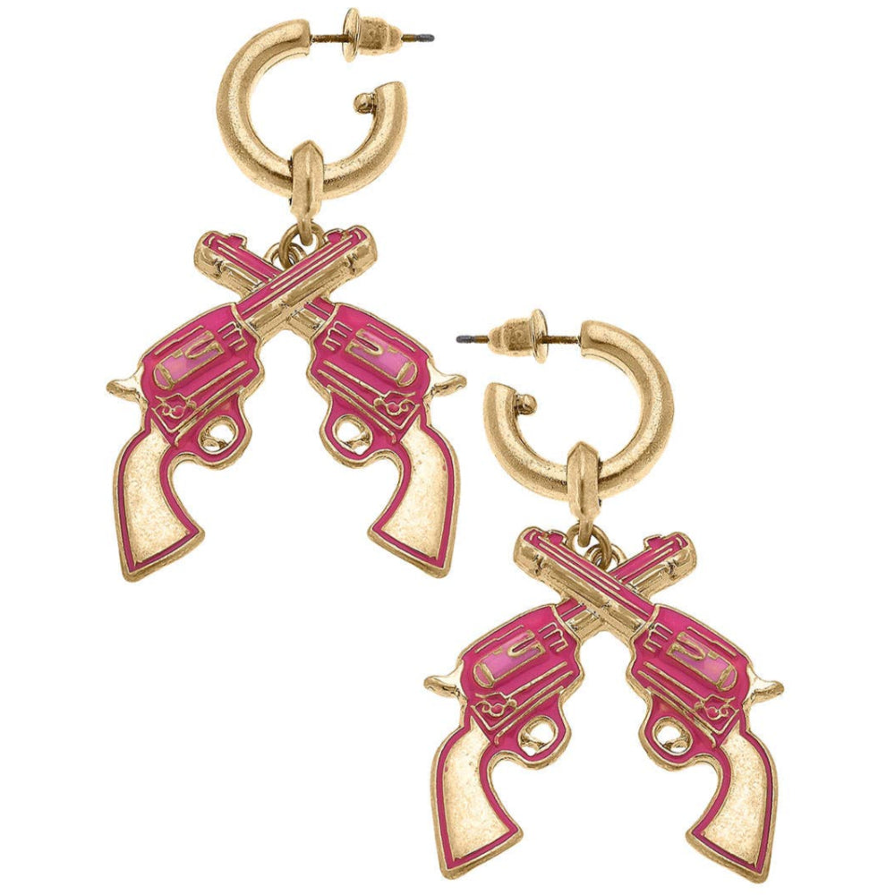 Canvas Style Rodeo Revolvers Pink Enamel Drop Hoop Earrings