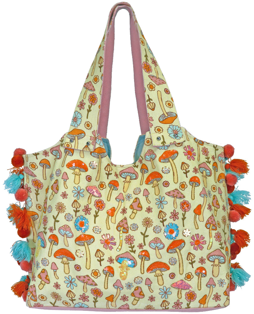 Jane Marie Pom Pom & Tassel Cotton Tote - 12" x 21"
