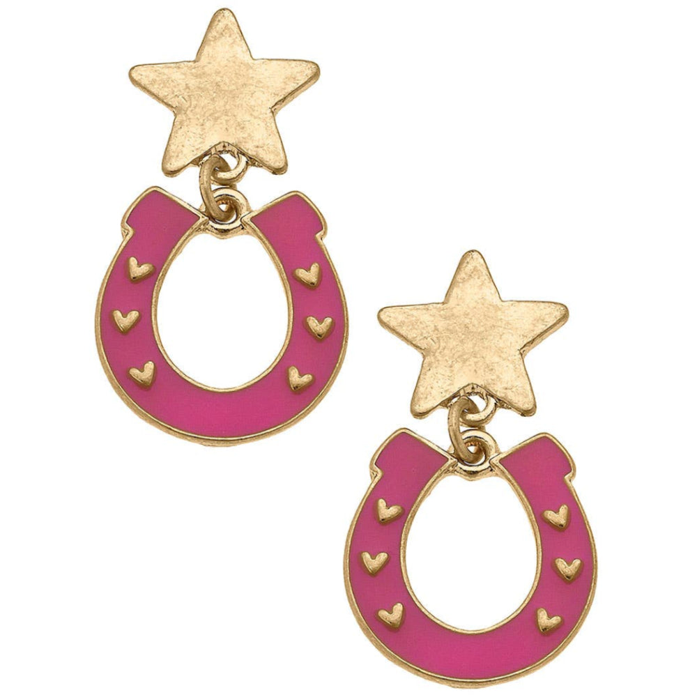 Canvas Style Lucky Stars Pink Enamel Horseshoe Earrings