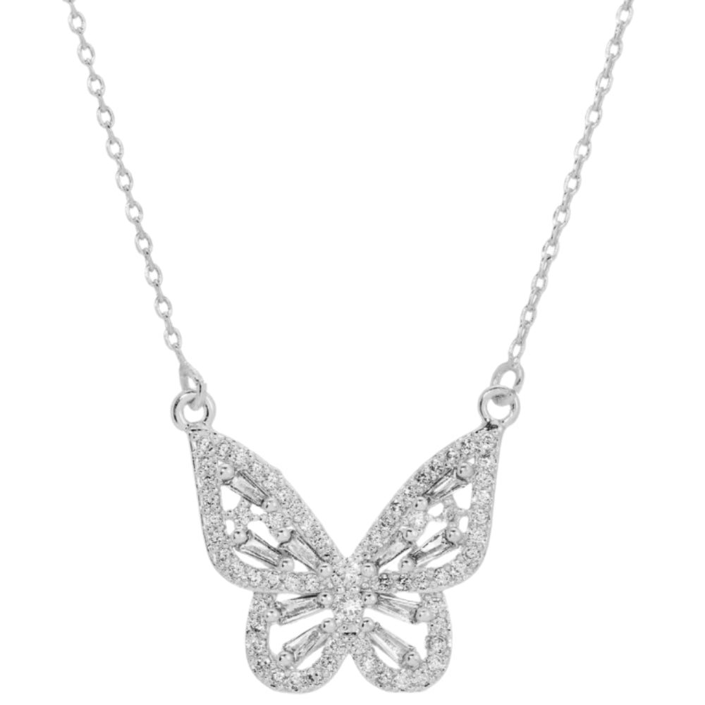 Splendid Iris Silver Rhinestone Butterfly Pendant Necklace