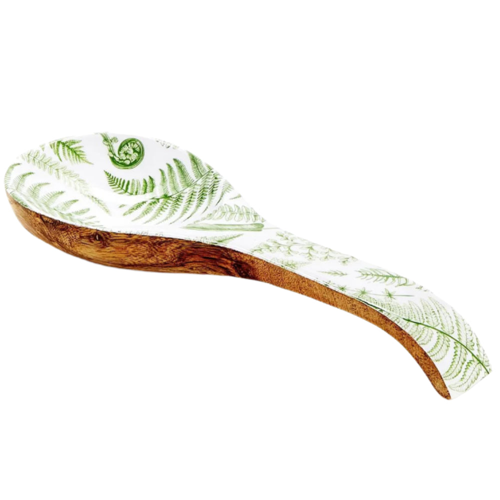 Hand-Crafted Lacquered Mango Wood Spoon Rest (Fern Pattern) - 10"