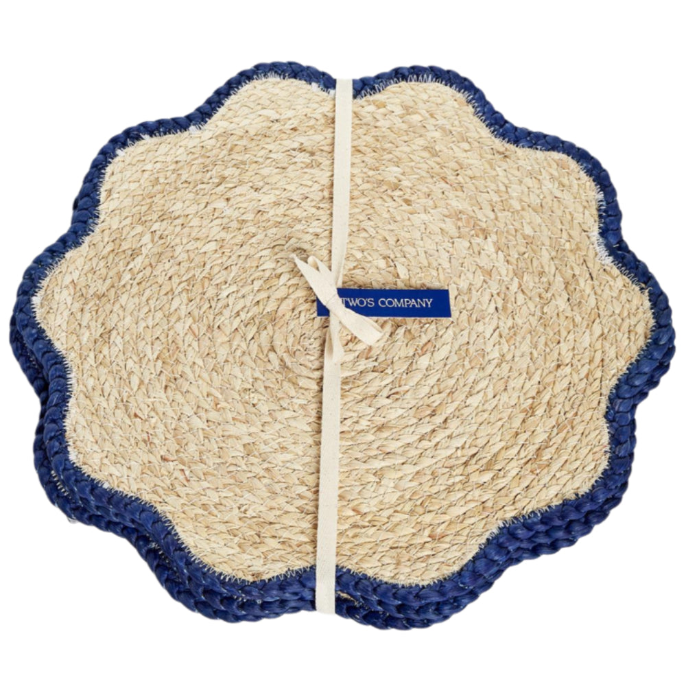 Handwoven 15" Scalloped Seagrass Placemats (Blue Trim) - 4 pc.