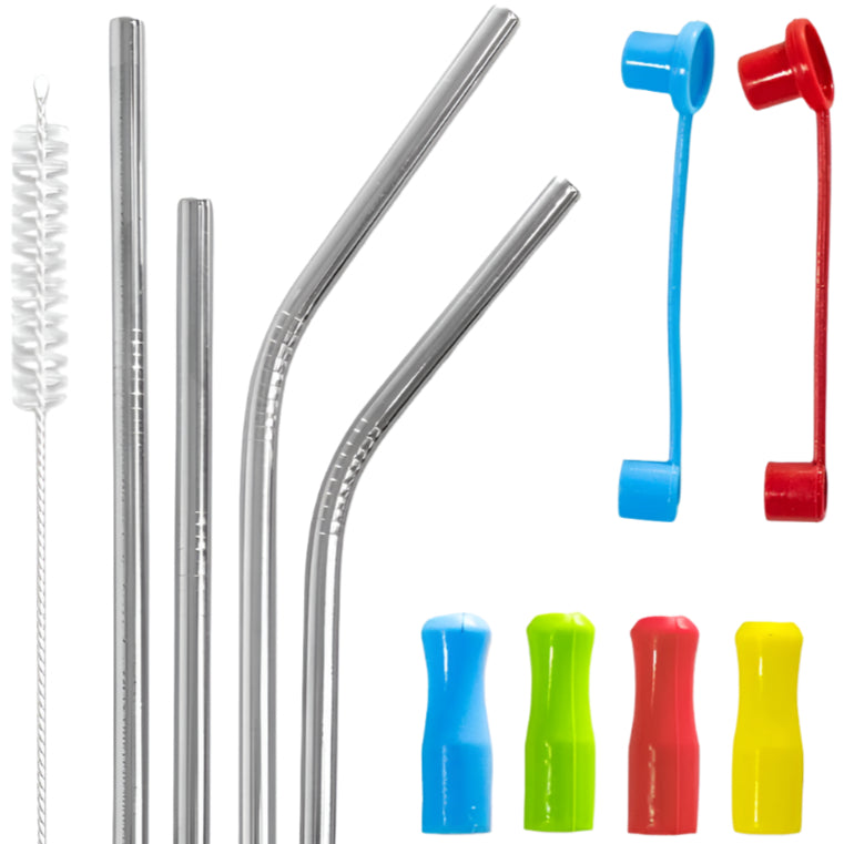 4U Stainless Steel Drinking Straws 4-Pack w/ Caps & Brush