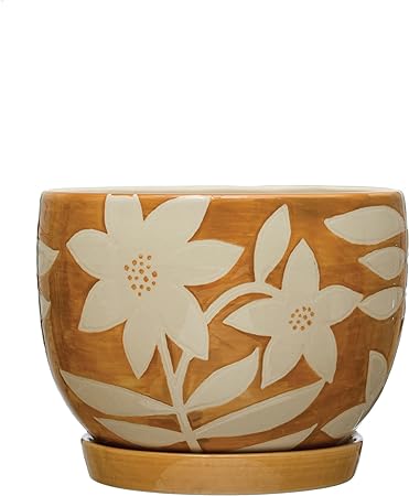 Hand-Painted Stoneware Planter w/Saucer, Mustard & Cream Color