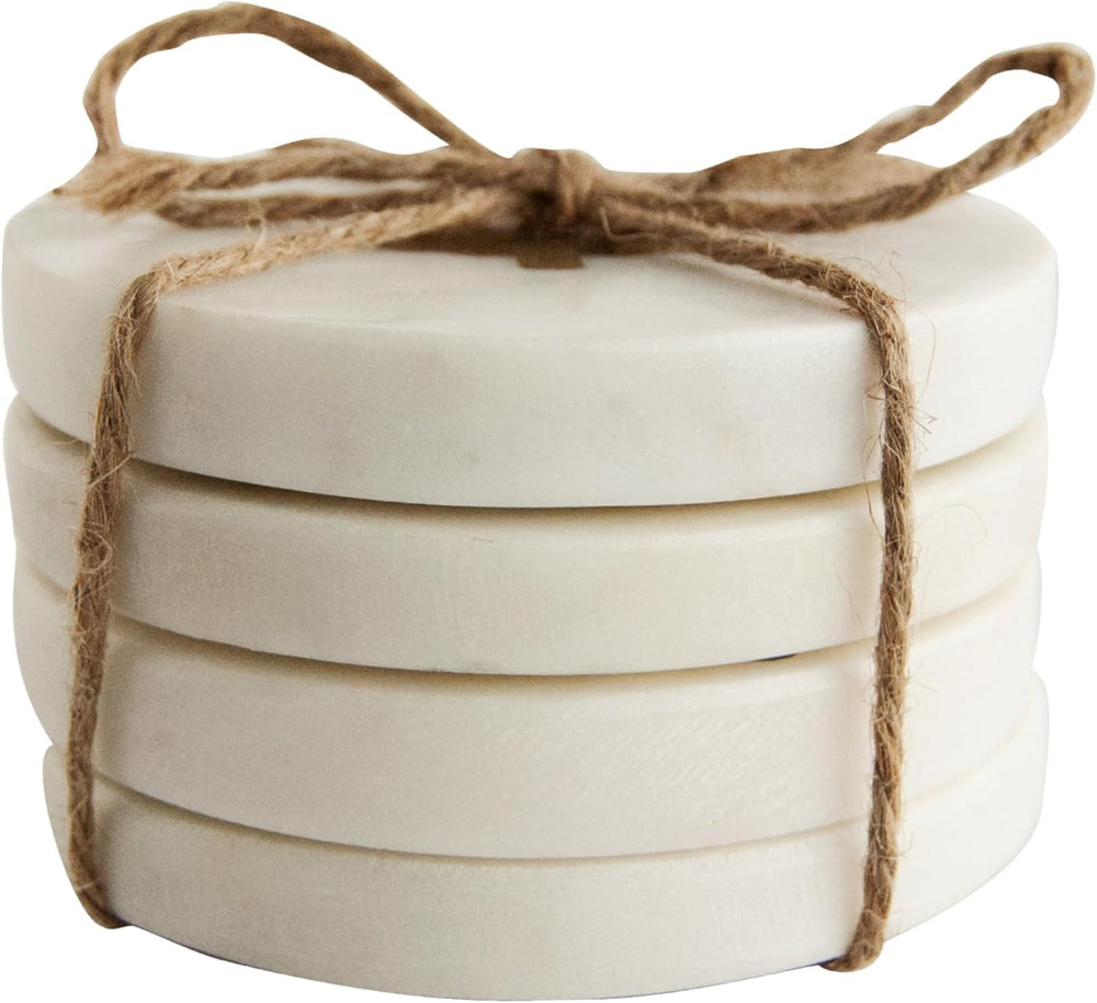 White Marble w/ Inlaid Brass Christmas Tree Drink Coasters - 4 pc.