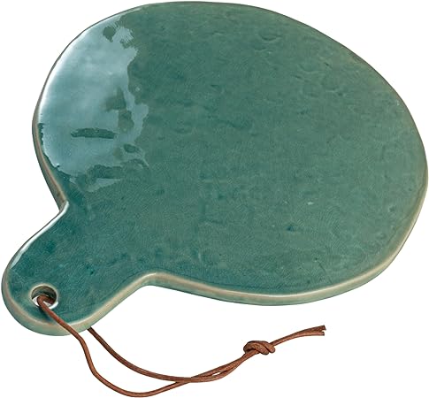 Glazed Stoneware Cheese Board w/ Leather Tie - 10.75"