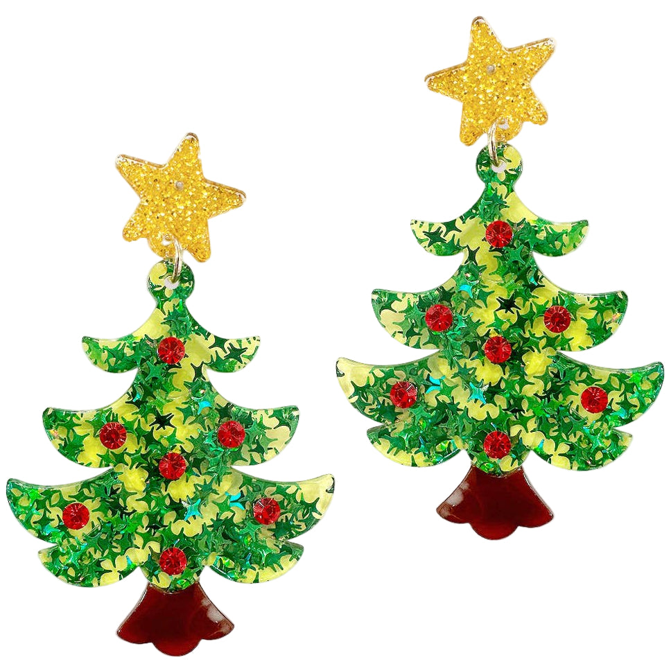 Viv & Lou Green Glitter Acrylic Christmas Tree Earrings