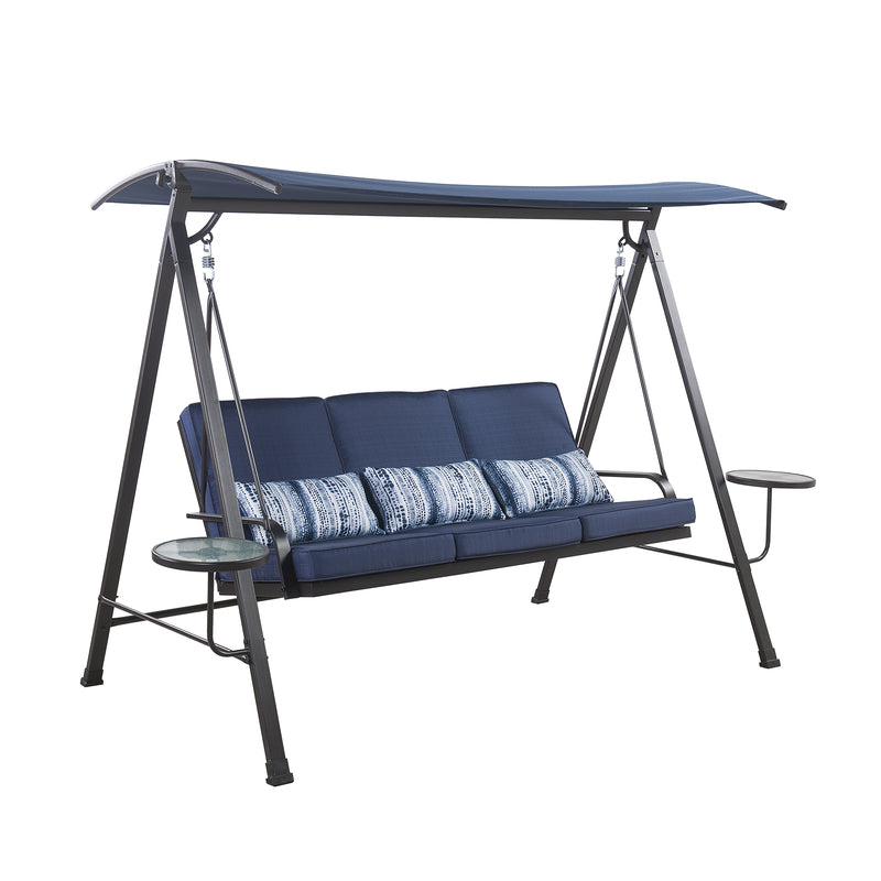 3 Person Steel Swing with Tables - Black/Blue