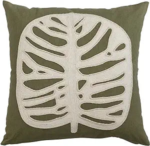 Cotton Applique Leaf and Embroidery Pillow, Green and Cream - 20" Sq.