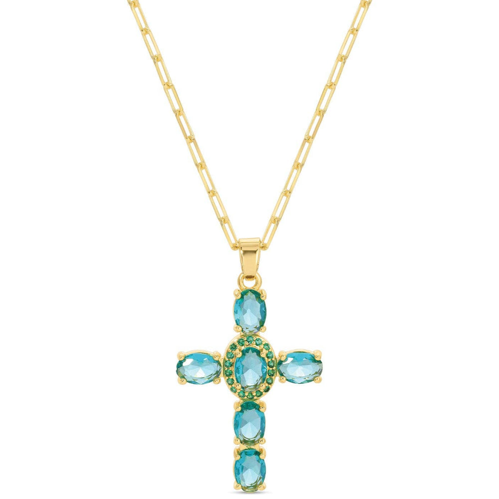 Splendid Iris Gold Cross Pendant w/ Aqua Rhinestones Paperclip Necklace