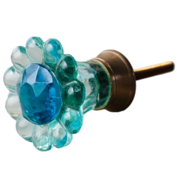 Knobco Aqua Blue Glass Daisy Knob