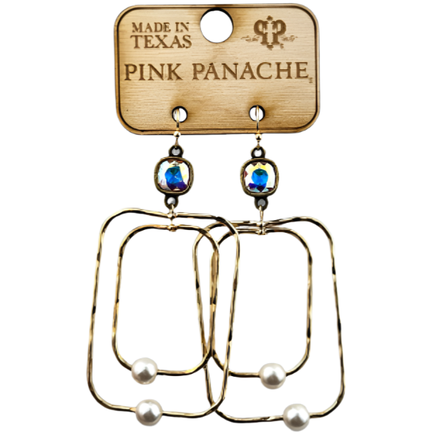 Pink Panache Double Gold Rectangle & Pearl Earrings