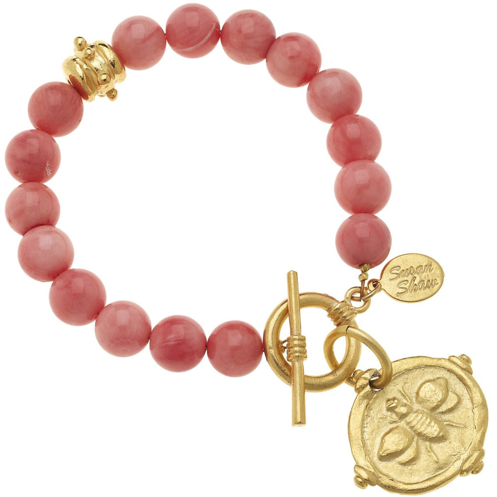 Susan Shaw Gold Bee Intaglio & Coral Bead Bracelet