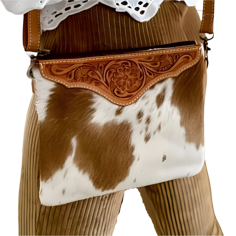 Boho Ranch Leather Crossbody Cowhide Bag - 7.85" x 9.45"