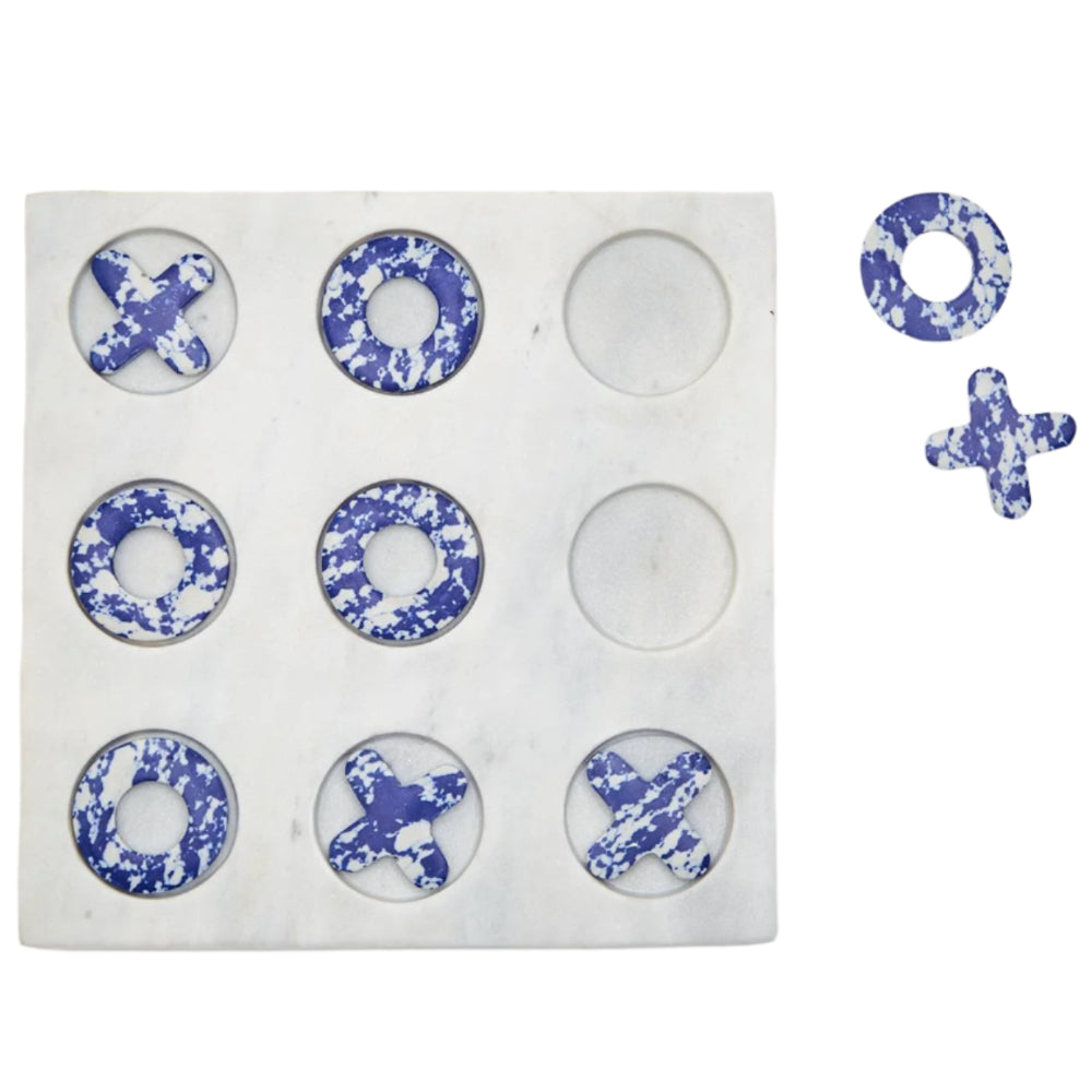 Hand-Crafted Blue & White Marble Tic-Tac-Toe Game Set