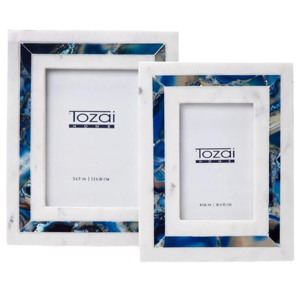White Marble w/ Blue Agate Inlay Photo Frame