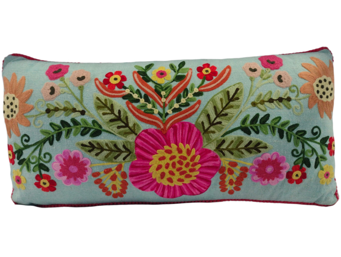 Embroidered Blue Cotton Floral Lumbar Pillow - 10" x 22"