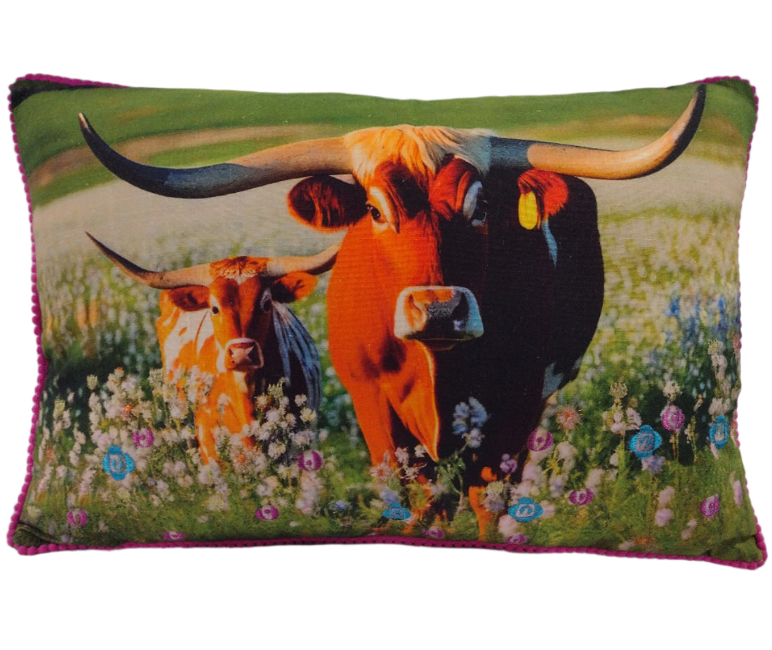 Embroidery Accent Longhorn Cow Pillow - 14" x 22"