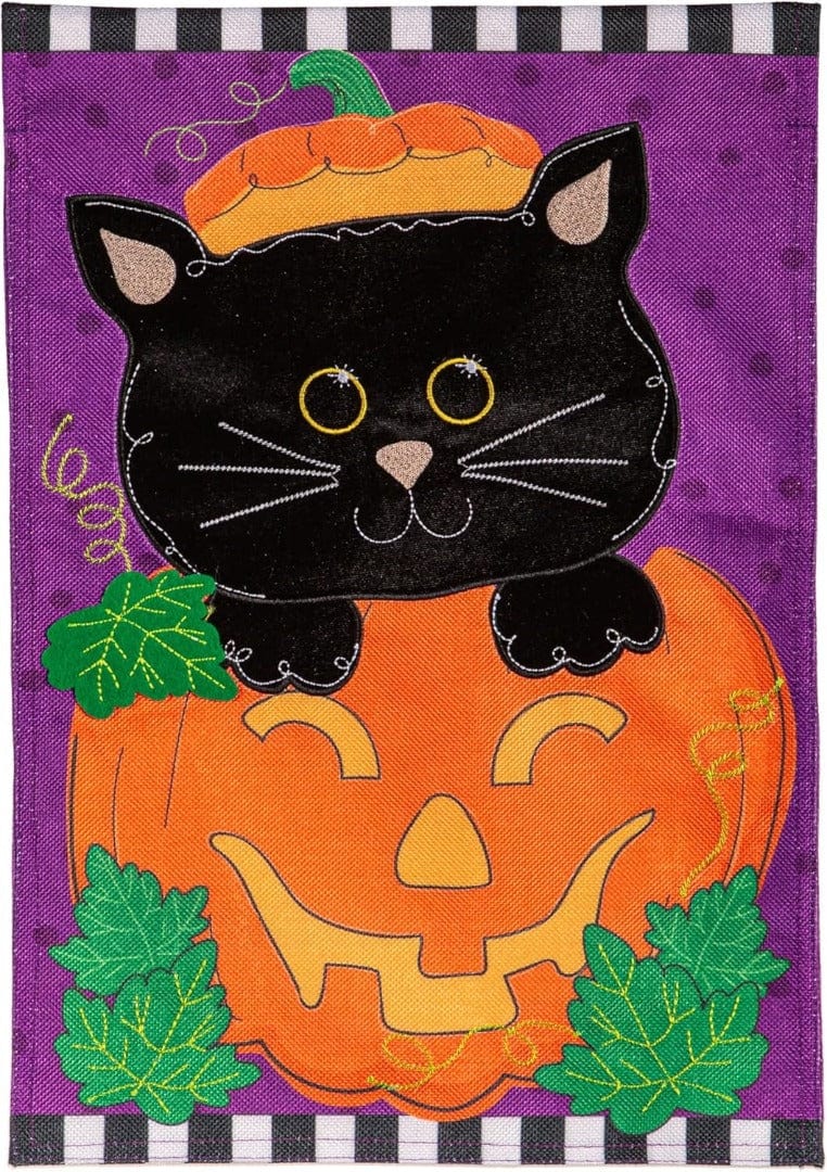 Black Cat & Jack O' Lantern Burlap Garden Flag - 12.5" x 18"