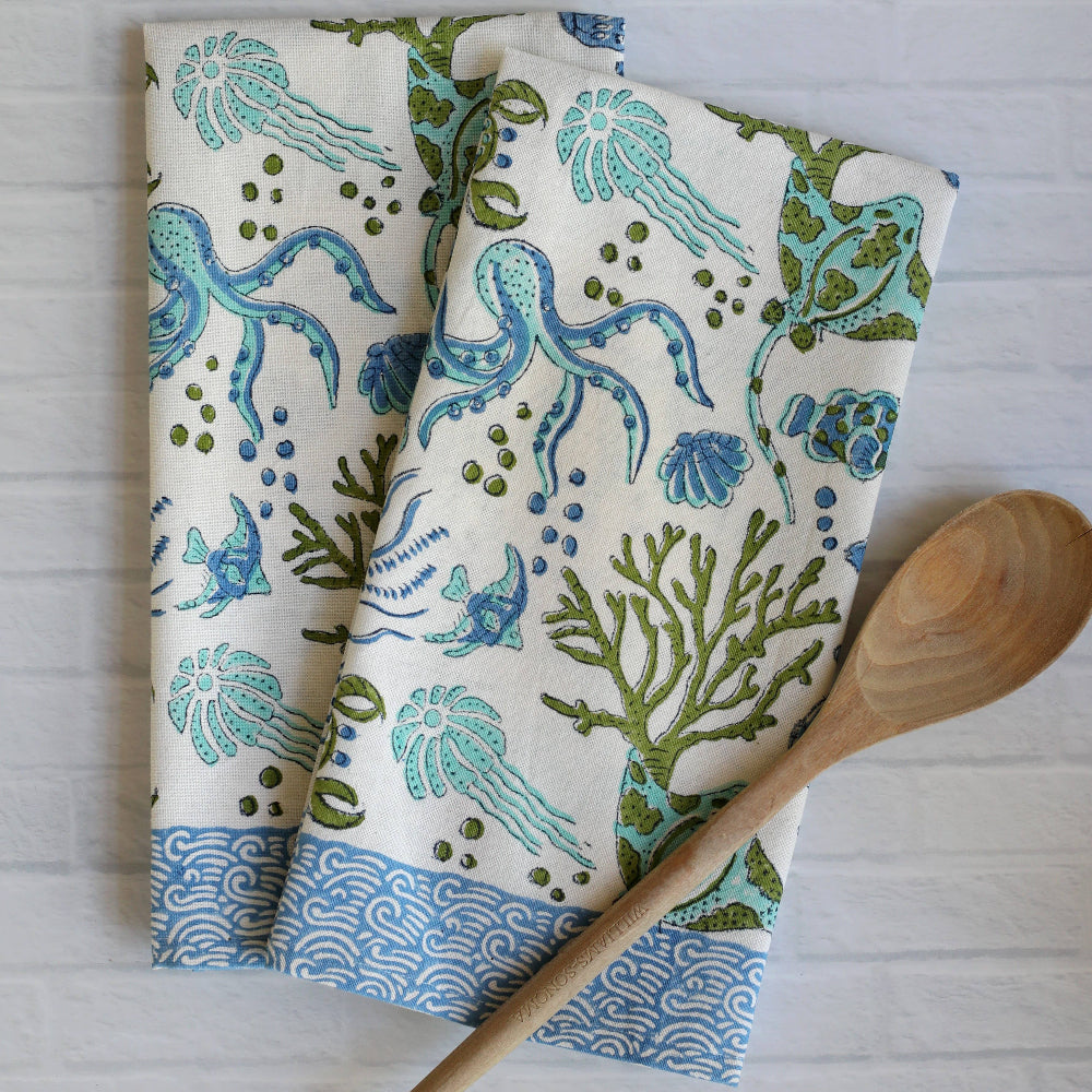 Pacific & Rose Block-Printed Cotton Kitchen Towels - 2 pc.