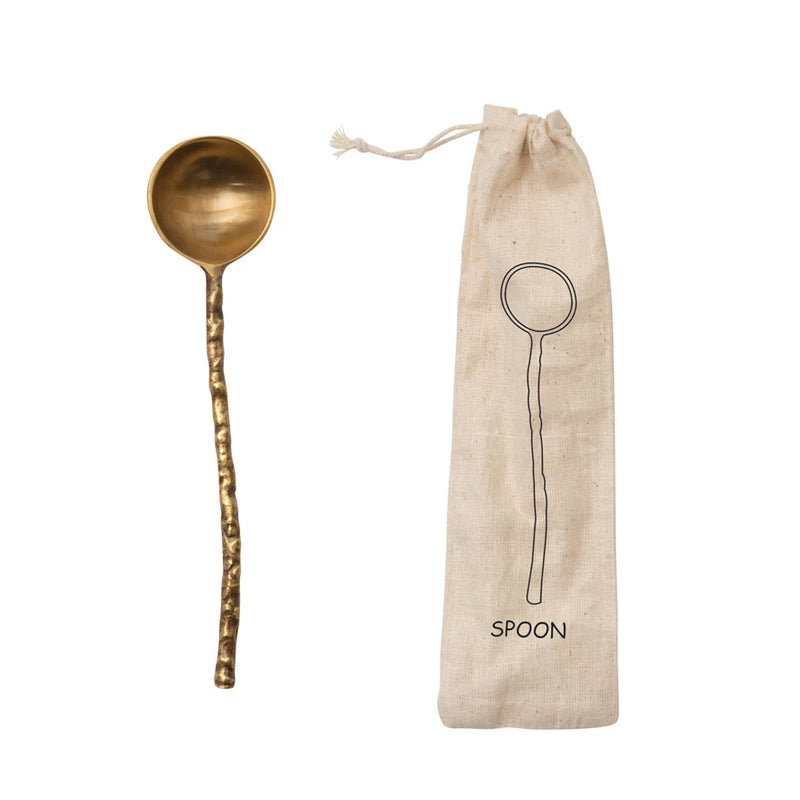 Brass Serving Spoon in Printed Drawstring Bag