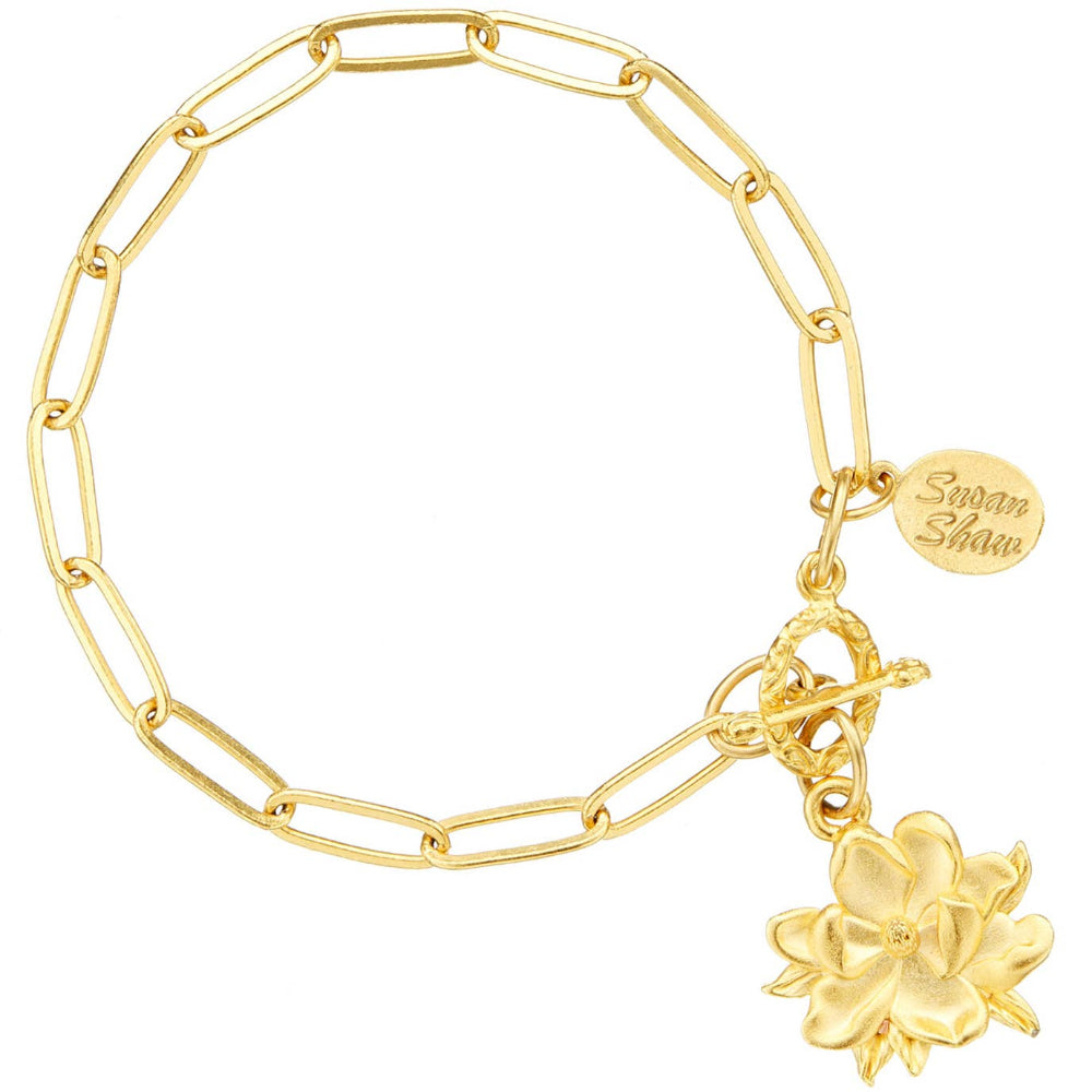Susan Shaw Gold Magnolia Charm Paperclip Bracelet
