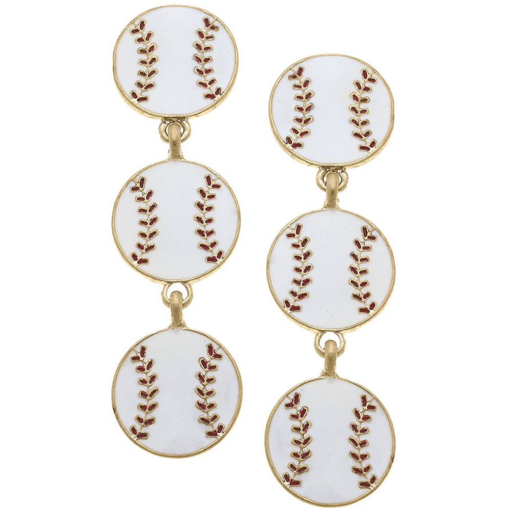 Canvas Style Enamel Baseball Triple Drop Earrings