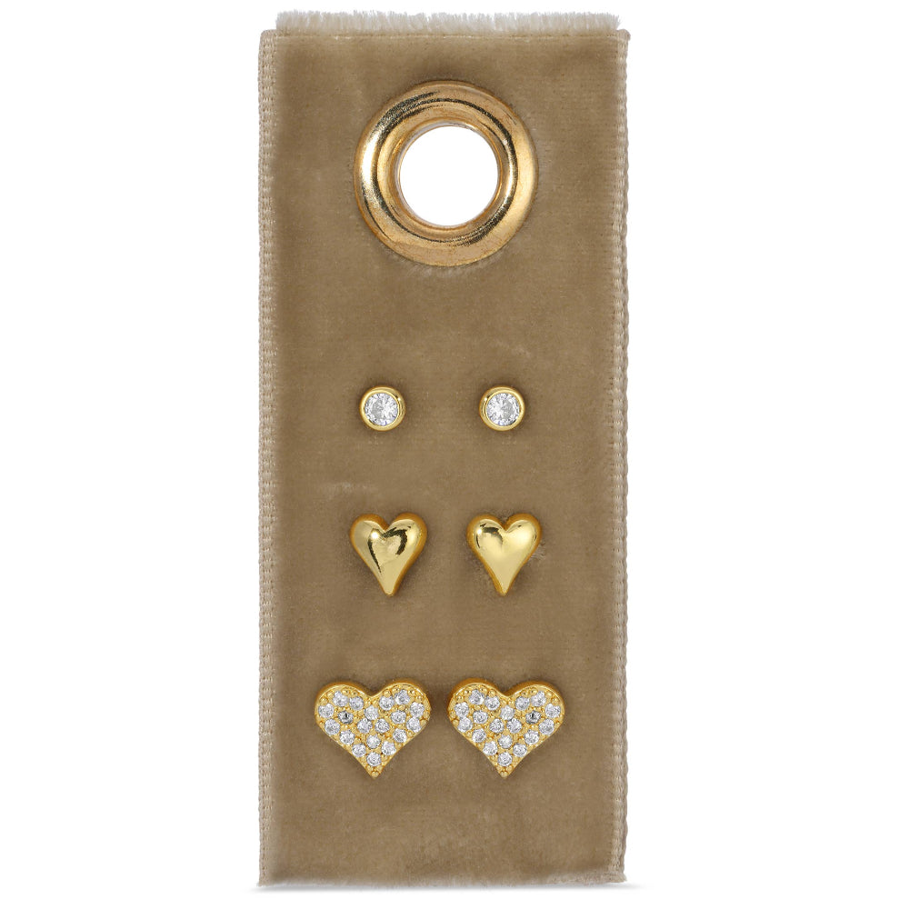 Splendid Iris Gold Heart Stud Earrings Set - 3 pc.