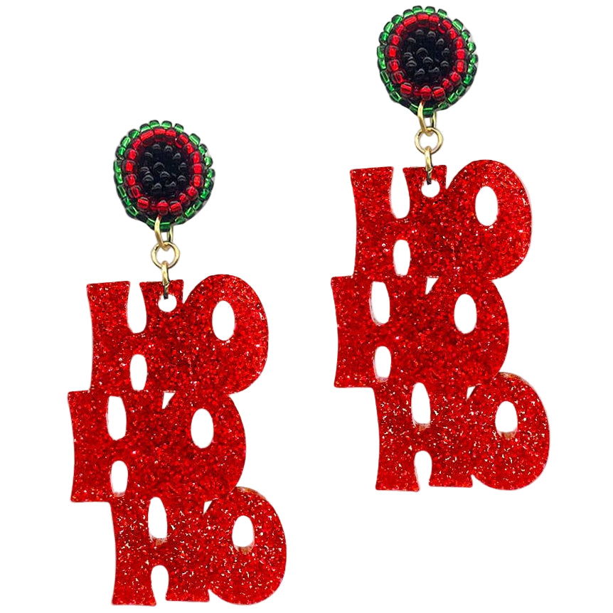Viv & Lou Red Glitter Acrylic "Ho Ho Ho" Earrings