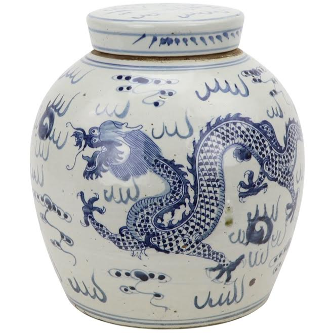 White & Blue Porcelain Asian Dragon Flat-Top Jar - 9.5"