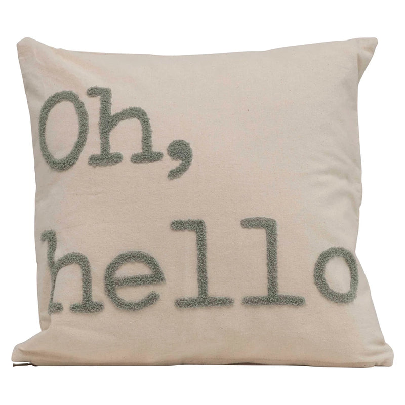 "Oh, Hello" Embroidered Cotton Pillow - 18"