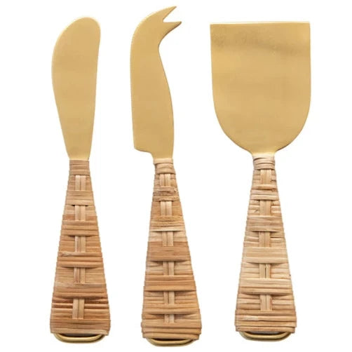 Gold Electroplated Cheese Knives w/ Rattan Handles - 3 pc.
