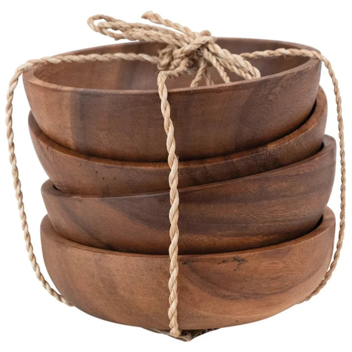 Acacia Wood Charcuterie Bowls w/ Abaca Tie - 4 pc.