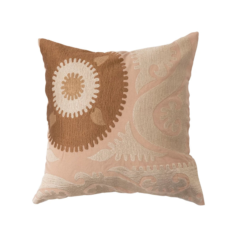 Cotton Embroidered Suzani Pillow with Chambray Back - 16"