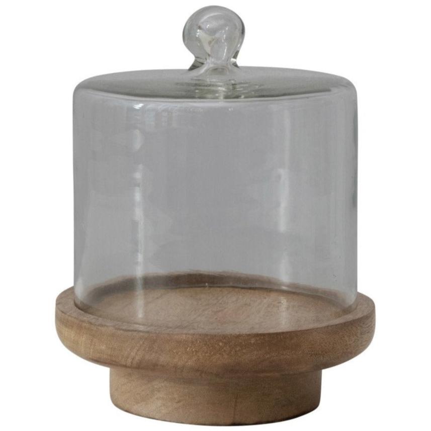 Glass Cloche w/ Footed Mango Wood Base - 6.5"