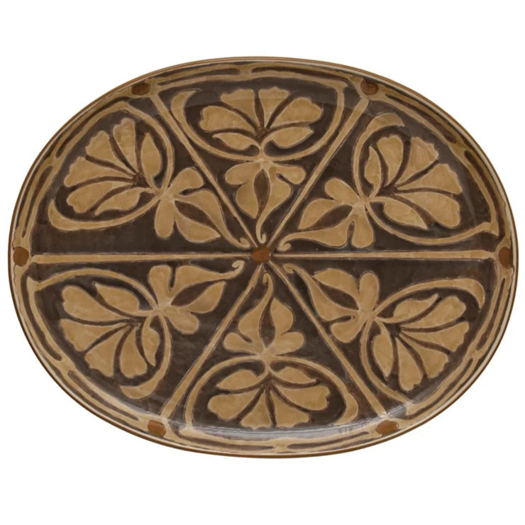 Hand-Painted Oval Floral Stoneware Platter - 16.25" x 12.75"