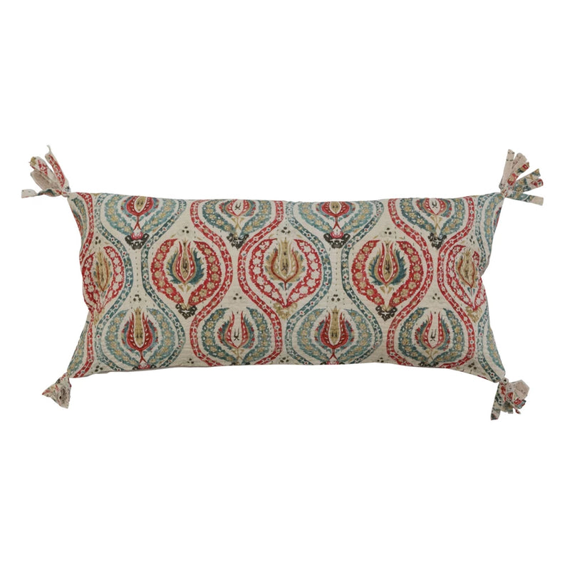 Cotton Lumbar Pillow With Ikat Print, Tassels & Chambray Back - 32"L x 14"H
