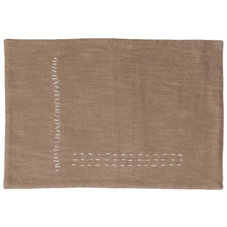 Embroidered Tan Cotton Slub Placemat - 13" x 19"