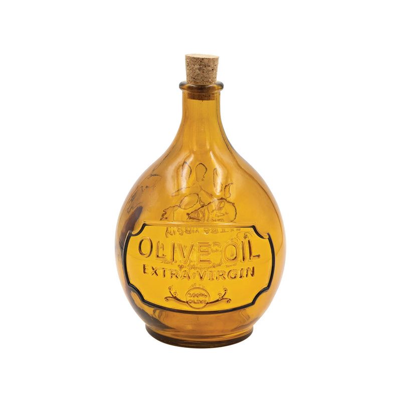 Amber Colored Embossed Recycled Glass Bottle With Cork Stopper