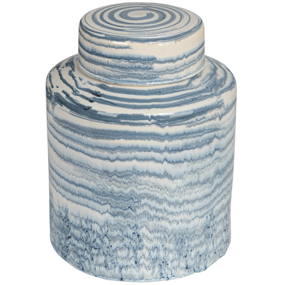 Blue Striped Glazed Stoneware Ginger Jar - 8" x 10"