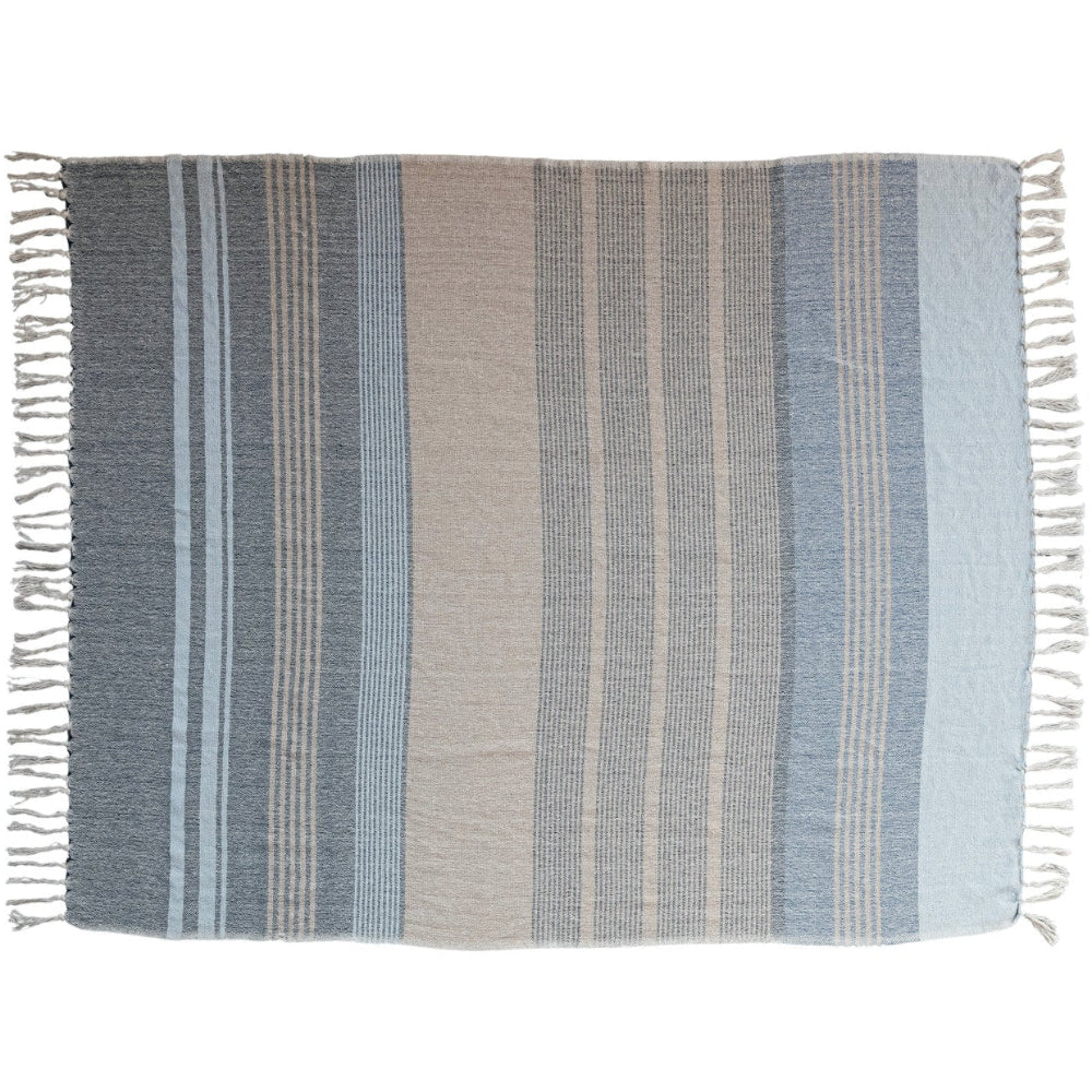 Blue & White Hues Frilled Striped Cotton Throw Blanket - 50" x 60"