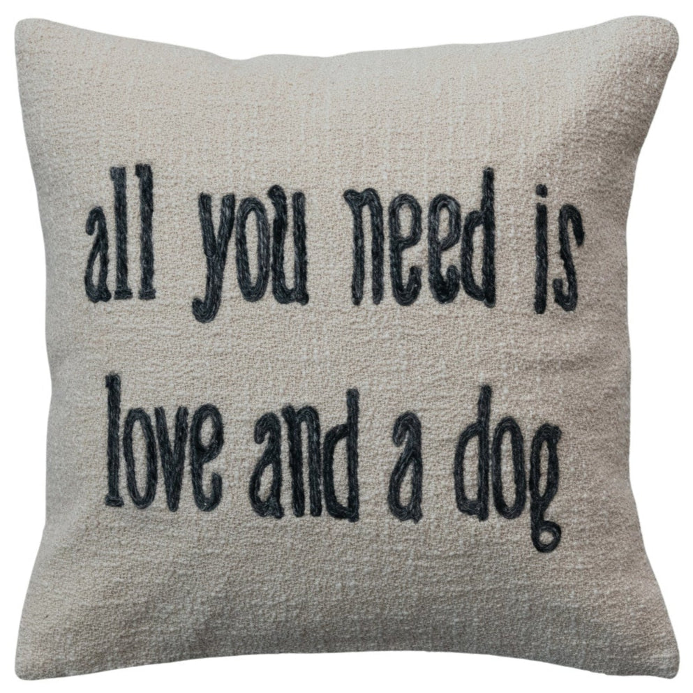 "All You Need is Love & a Dog" Embroidered Cotton & Jute Pillow - 18" x 18"