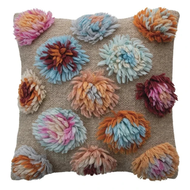 New Zealand Wool Shag Pillow w/ Tufted Flowers - 20" x 20"