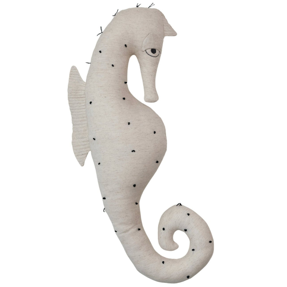 Seahorse-Shaped Natural Cotton & Linen Pillow w/ Embroidered Accents - 34"