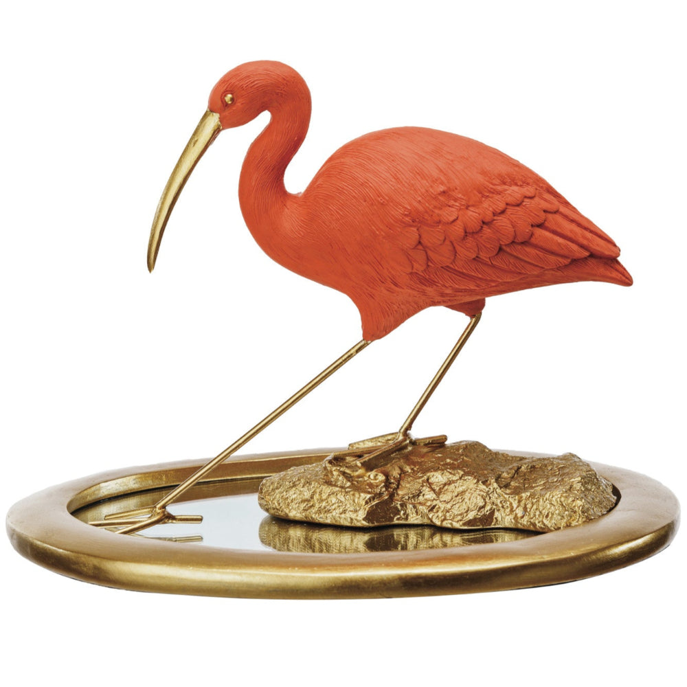 Resin Scarlet Ibis Figure on Mirrored Tray - 7"