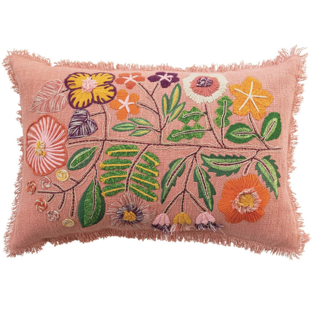 Embroidered Botanicals Multicolored Cotton Lumbar Pillow - 24" x 16"
