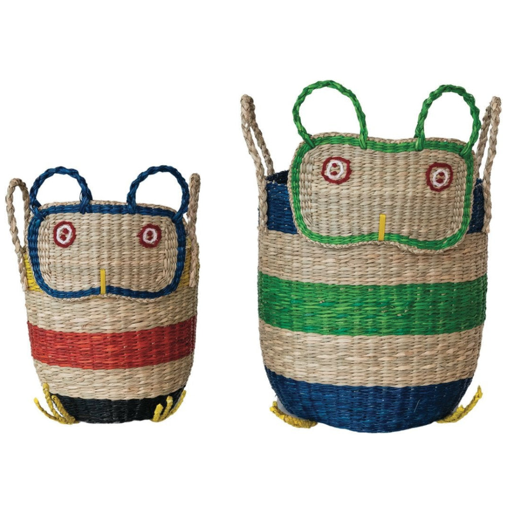 Multicolored Natural Woven Seagrass Striped Owl Basket