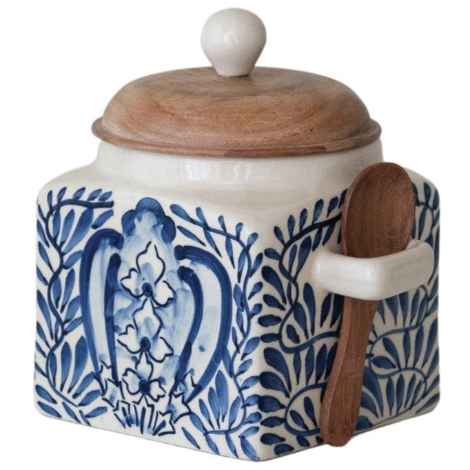 Blue Chinoserie Stoneware Sugar Jar & Spoon - 4.4" x 5.5"