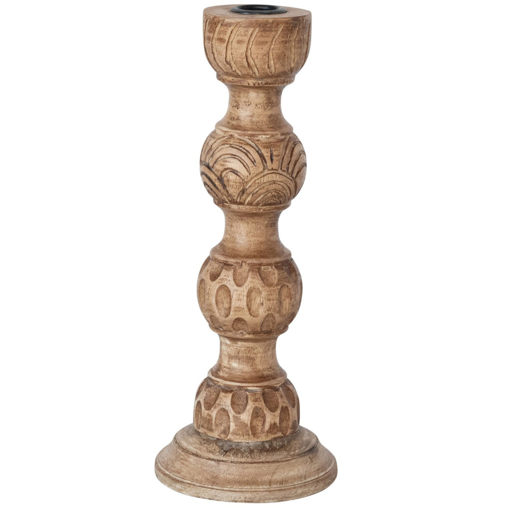 Hand-Carved Mango Wood Stick Candle Holder - 10.5"